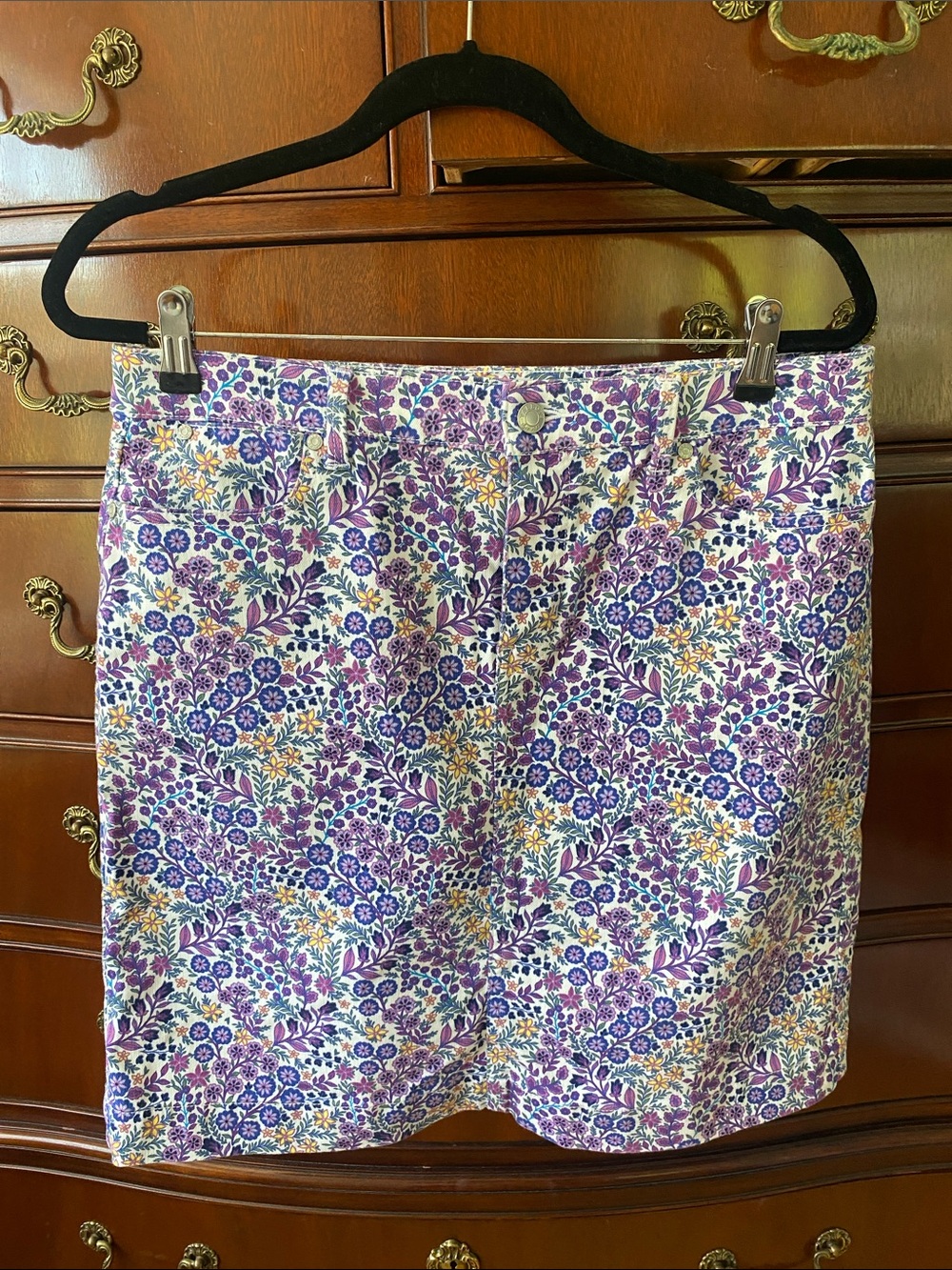 Talbots Purple Floral Print Jean Skirt with White Base